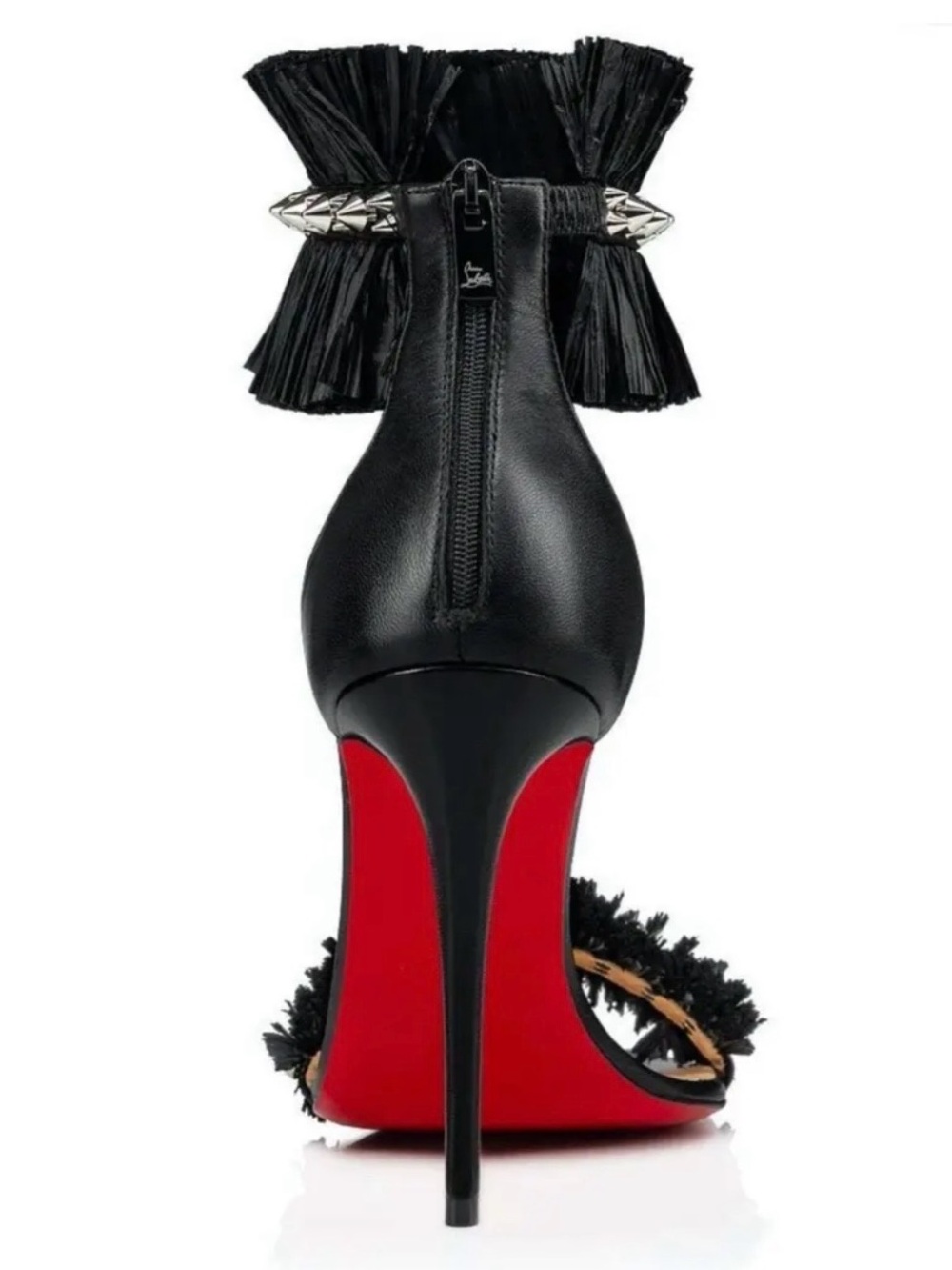 Christian Louboutin Poupedou Black Spike Raffia Ankle Strap Heels EU 39 Red Sole - Picture 3 of 9